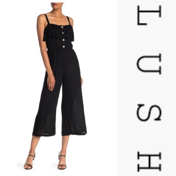 Lush Ruffle Culotte Front Button Jumpsuit (Black) - Picture 2 of 3